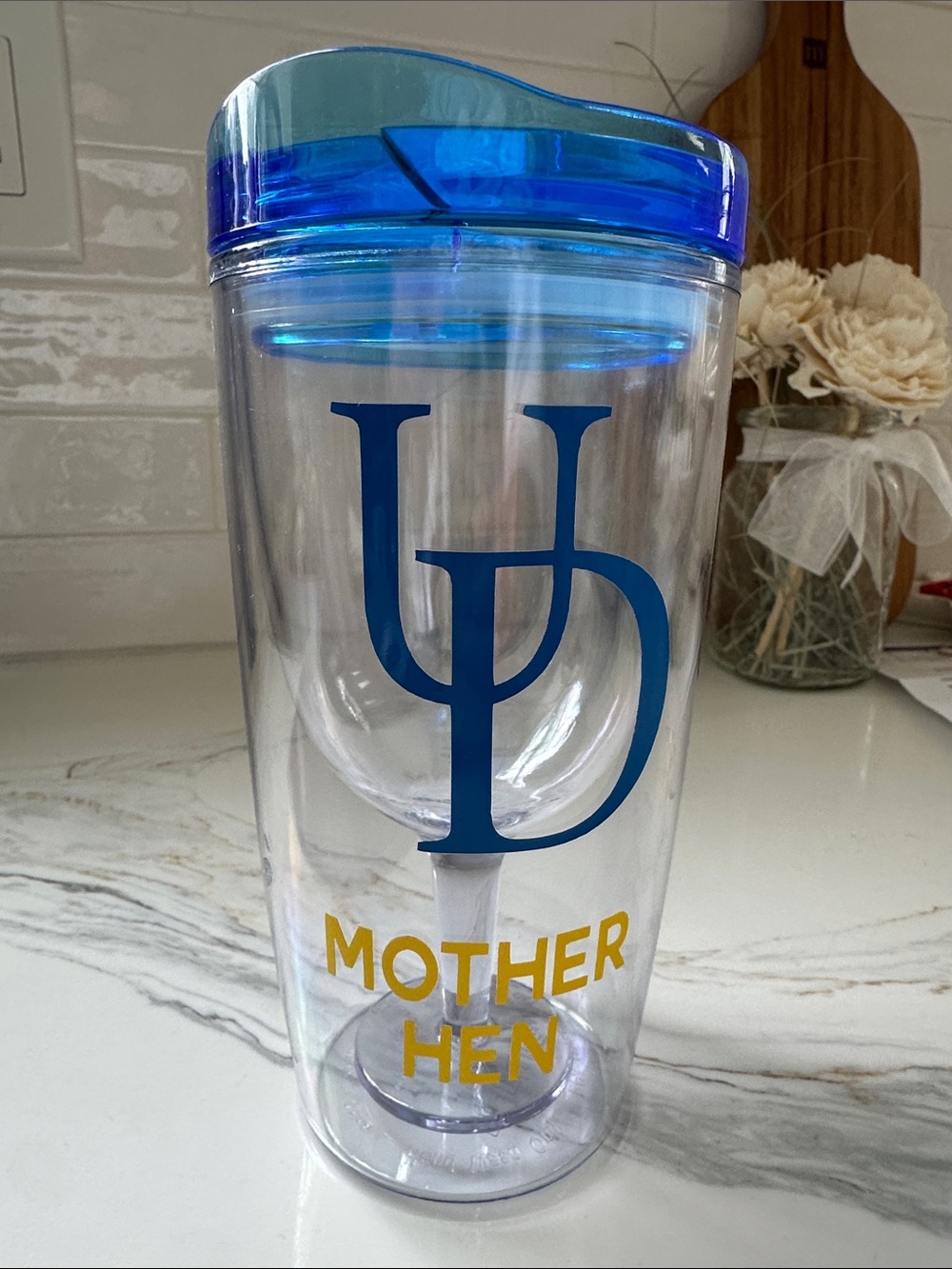 University of Delaware Blue & Yellow Travel Tumbler with Wine Glass Insert NWT